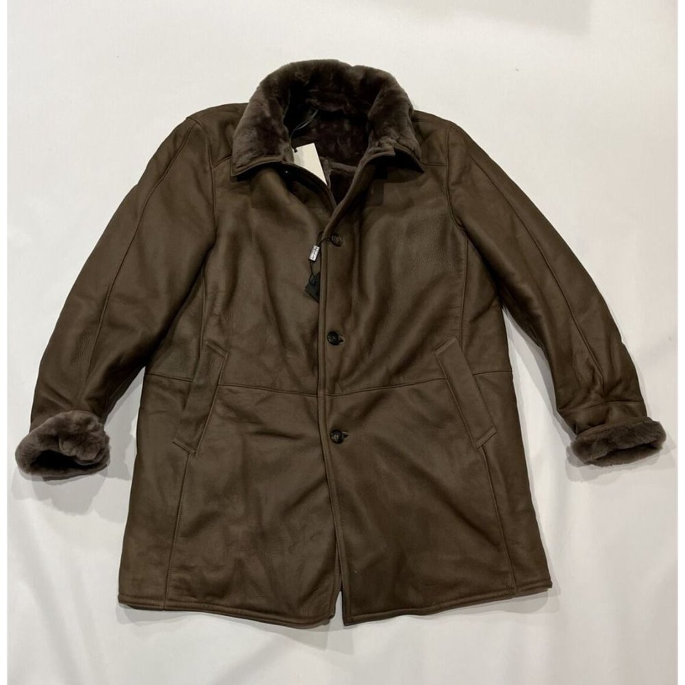 $2495 Gallotti Mens Brown Leather Shearling Fur-Lined Jacket Coat-Eu 54 US 44 - Picture 9 of 10